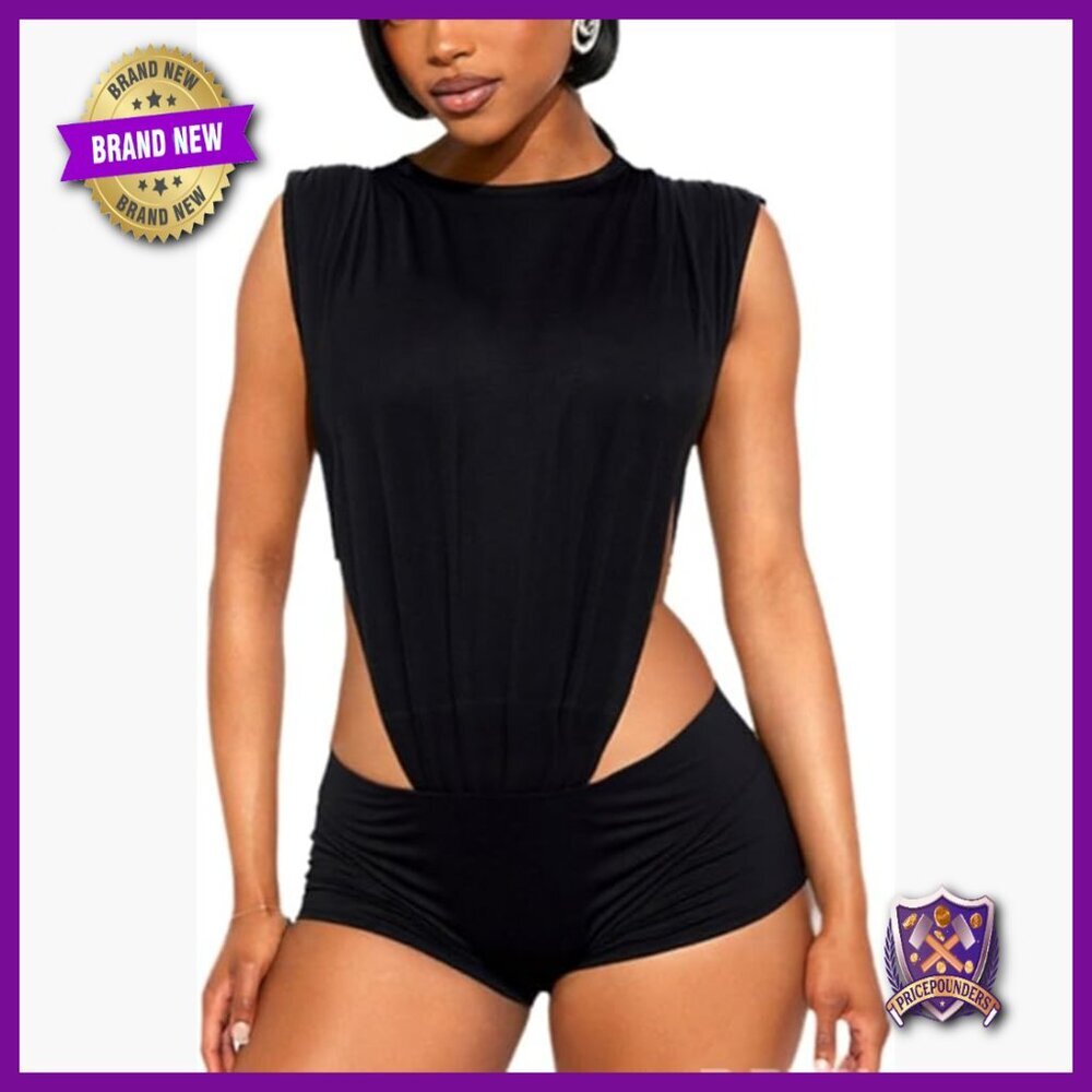 Sexy Sleeveless Bodysuit and Stretchy Shorts Matching Set, Polyester, Small